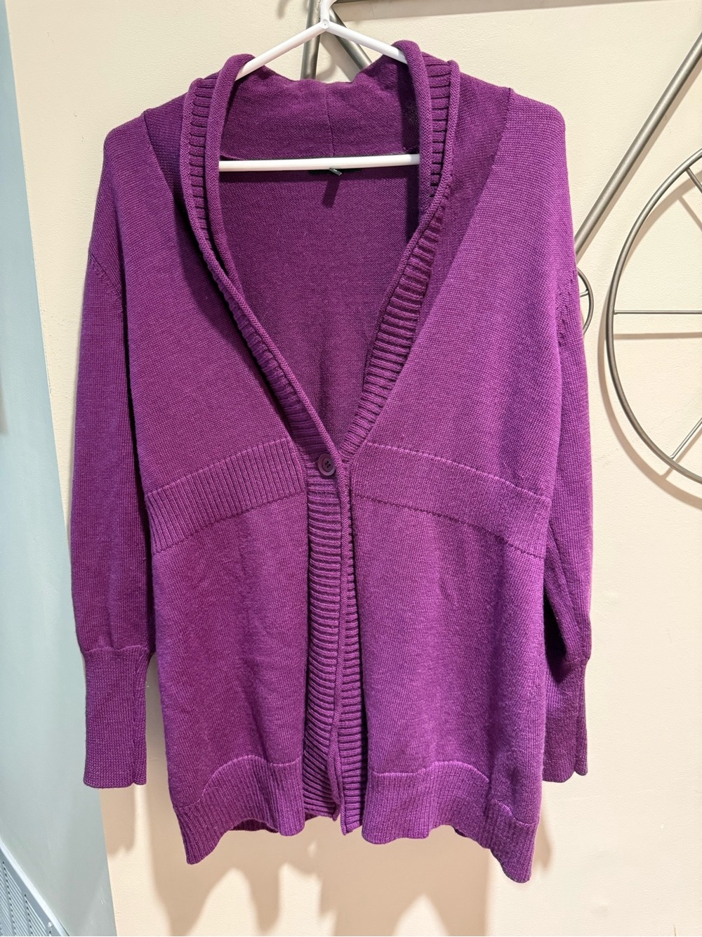 Eileen Fisher 100% Merino Wool Purple Single Button Shawl Collar Cardigan Medium